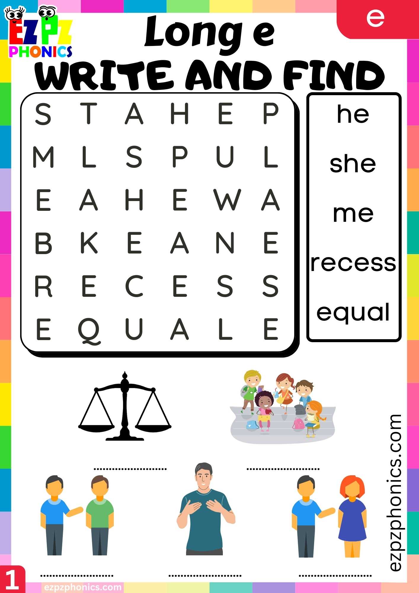 E Words Write And Find Long E Phonics Worksheet